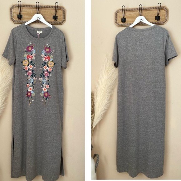 New Embroidered Tee Shirt Dress Midi Length Pockets Gray Floral - Picture 2 of 6